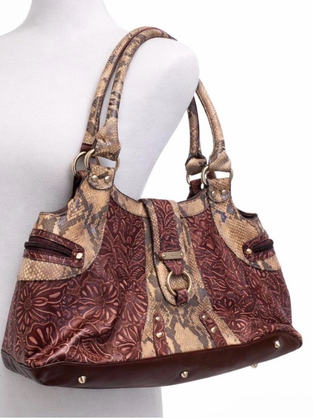Sharif Two-Tone Floral Embossed Shoulder Bag in Brown and Tan
